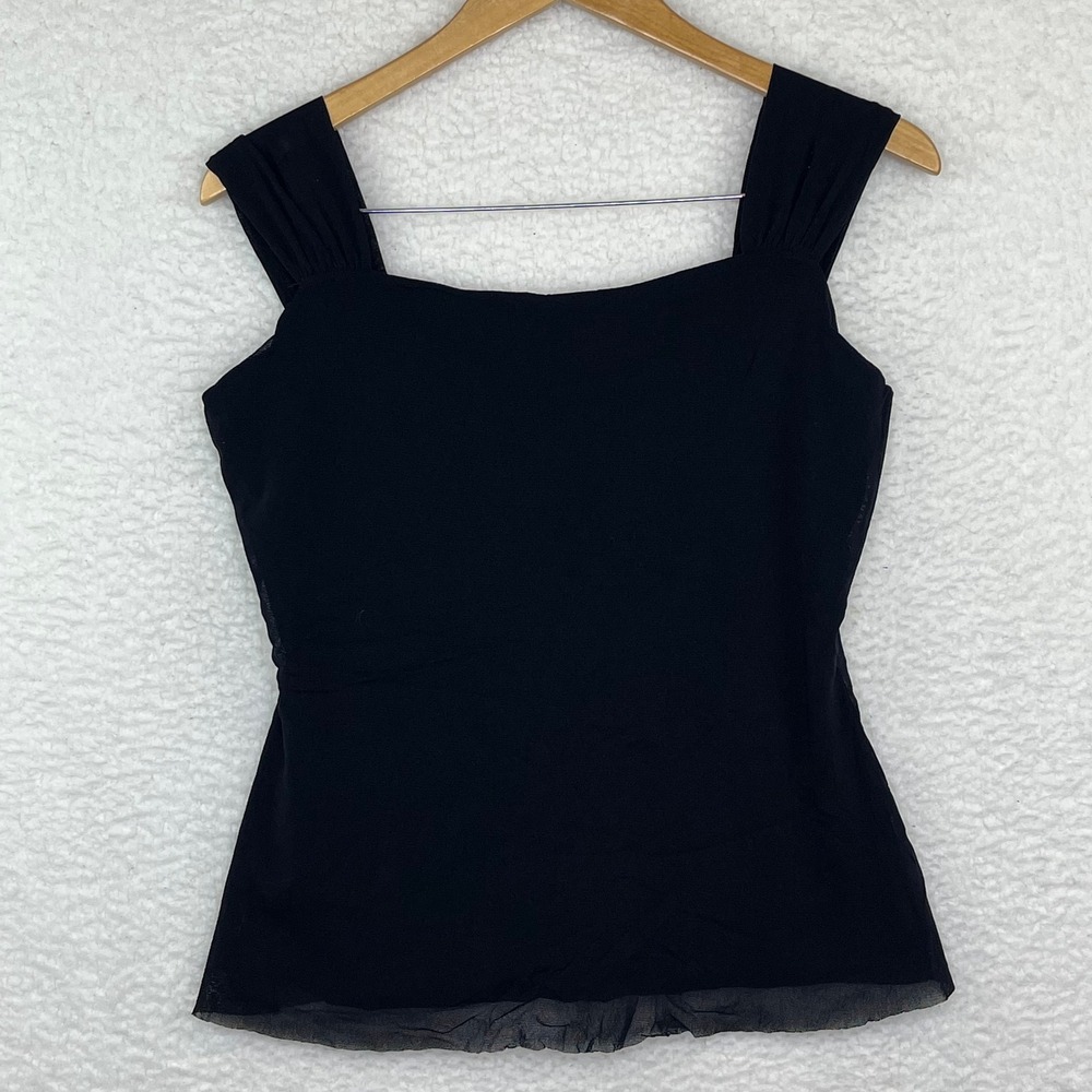 Black Square Neck Sleeveless Top L‎ Pleated Straps and Mesh Trim Hem